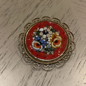 Vintage Italian Micro Mosaic Floral Brooch Filigree Frame